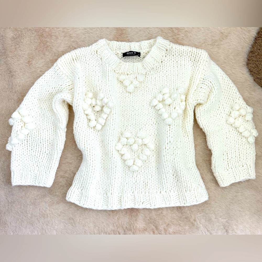 Chunky Heart Shaped Pom Pom Sweater Cream/white size S/M